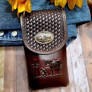 Praying Cowboy Western Phone Holster Genuine Leather Over The Belt Phone Case - Picture 1 of 8