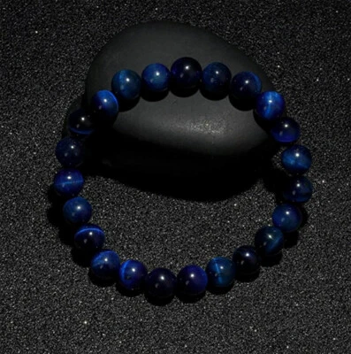 Natural Blue Tiger Eye Bracelet Round Stone Bead Hawk Eye Healing Gemstone Men - Image 1 of 4