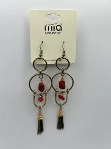 Mia Collection rote Quaste goldfarbene hängende Haken Ohrringe - Bild 1 von 7