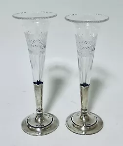 Pair of Antique Cut Glass Trumpet Bud Vases with Sterling Silver Bases 1901 - Picture 1 of 9