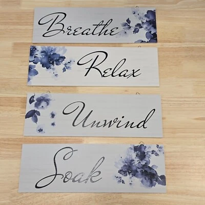 Bathroom Wall Décor Relax Soak Unwind Breathe Plaques Signs Blue Floral White - Image 1 of 4