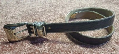 Cinturón de cuero negro vintage BB Simon para mujer borde de malla plateada talla pequeña 30 Foto 1 de 4