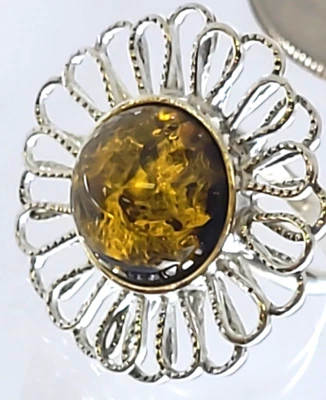 Anillo llamativo de plata de ley 925 con flor de girasol y ámbar amarillo Foto 1 de 4