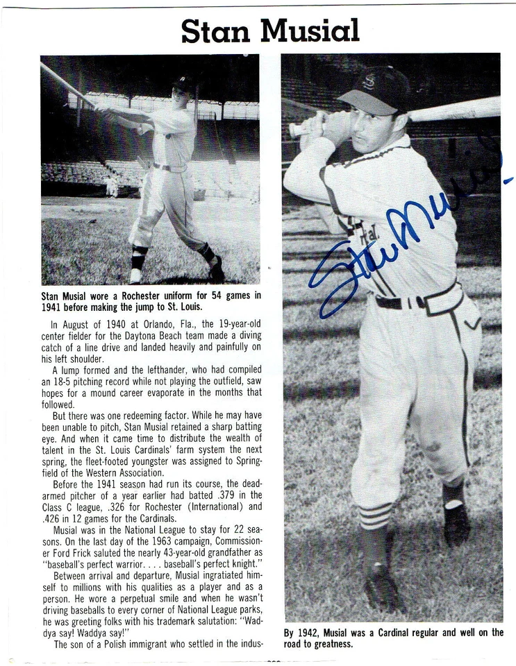 ST LOUIS CARDINALS HALL OF FAMER Stan The Man Musial autographed magazine page - Image 1 of 1