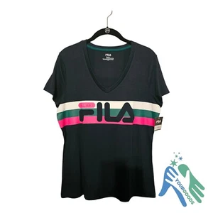 FILA Sport NWT Size M Women’s Logo V Neck Short Sleeve Top Navy - Multicolored - Picture 1 of 4