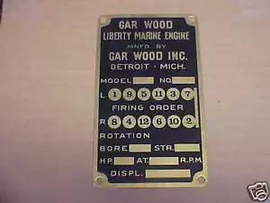 Gar Wood Marine 12 Cyl. Boat Engine Data Plate - acid etched Brass - Picture 1 of 1