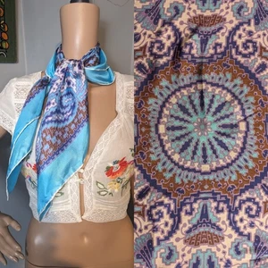 Vintage 60s Silk Twill Turquoise Floral Thistle Paisley Mod Bohemian Scarf 30" - Picture 1 of 7