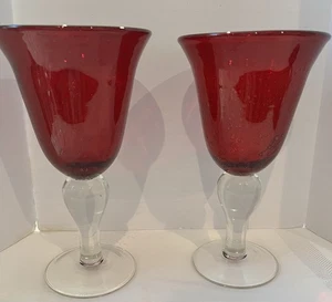 Set of 2 Artland Iris Ruby Red Glass Water Goblets Bubble Glass Bowl Clear Stem - Picture 1 of 8