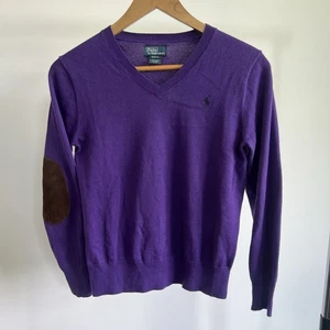 Polo Ralph Lauren V-neck Sweater Leather elbow patches Boys Sz Medium 10-12 Vtg - Picture 1 of 6