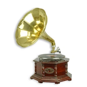 9934962-d Grammophon Messingtrichter Holzgehäuse Deko vintage 37x37x65cm - Picture 1 of 1