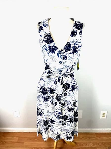 Jessica Howard Blue White Tan Floral Sleeveless Linen Blend Dress, Size 10, NWT - Bild 1 von 5