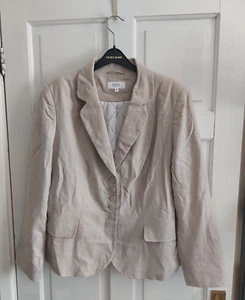 M&S Beige Flax Linen Blend Lined Jacket Blazer Faux Pockets Padded Shoulders 18 - Picture 1 of 11