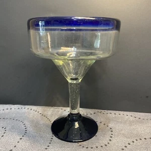 Mexican Hand Blown Cobalt Blue Rim and Base Margarita Glass 5" Wide - Picture 1 of 6