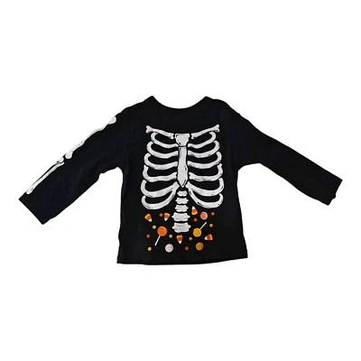 Camiseta TCP Negra Halloween Caramelo Esqueleto Brilla en la Oscuridad 12-18 Mo Foto 1 de 4