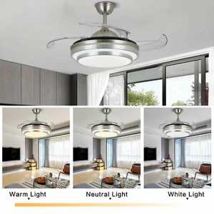 42" Invisible Ceiling Fan Light 3 Colors Retractable Blades LED Chandelier Lamp - Picture 1 of 12