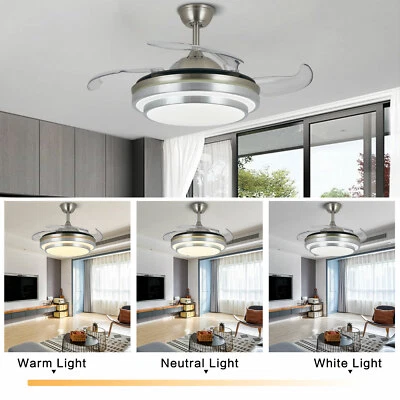 42" Invisible Ceiling Fan Light 3 Colors Retractable Blades LED Chandelier Lamp - Image 1 of 4