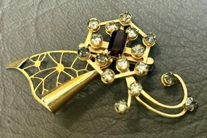 Vintage Jewelry Brooch Or Pendant Art Deco Gold Tone Red Rhinestone Floral Pin - Bild 1 von 5