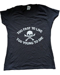 TOO FAST TO LIVE Damen-T-Shirt silber Glitzerdruck tailliert Medium 10-12 - Bild 1 von 1