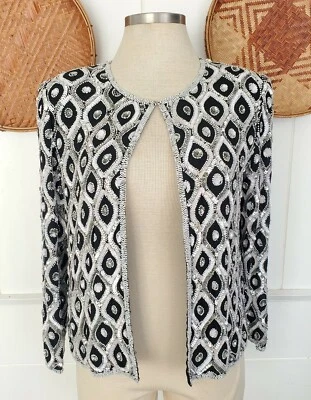 Chaqueta de lentejuelas Stenay vintage formal negra, blanca y plateada grande Foto 1 de 4