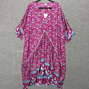 NEW AURA Swing Tunic Dress Women 2XL Flare Sleeve Pink Blue Boho Hi-Low Hem Maxi - Picture 1 of 9