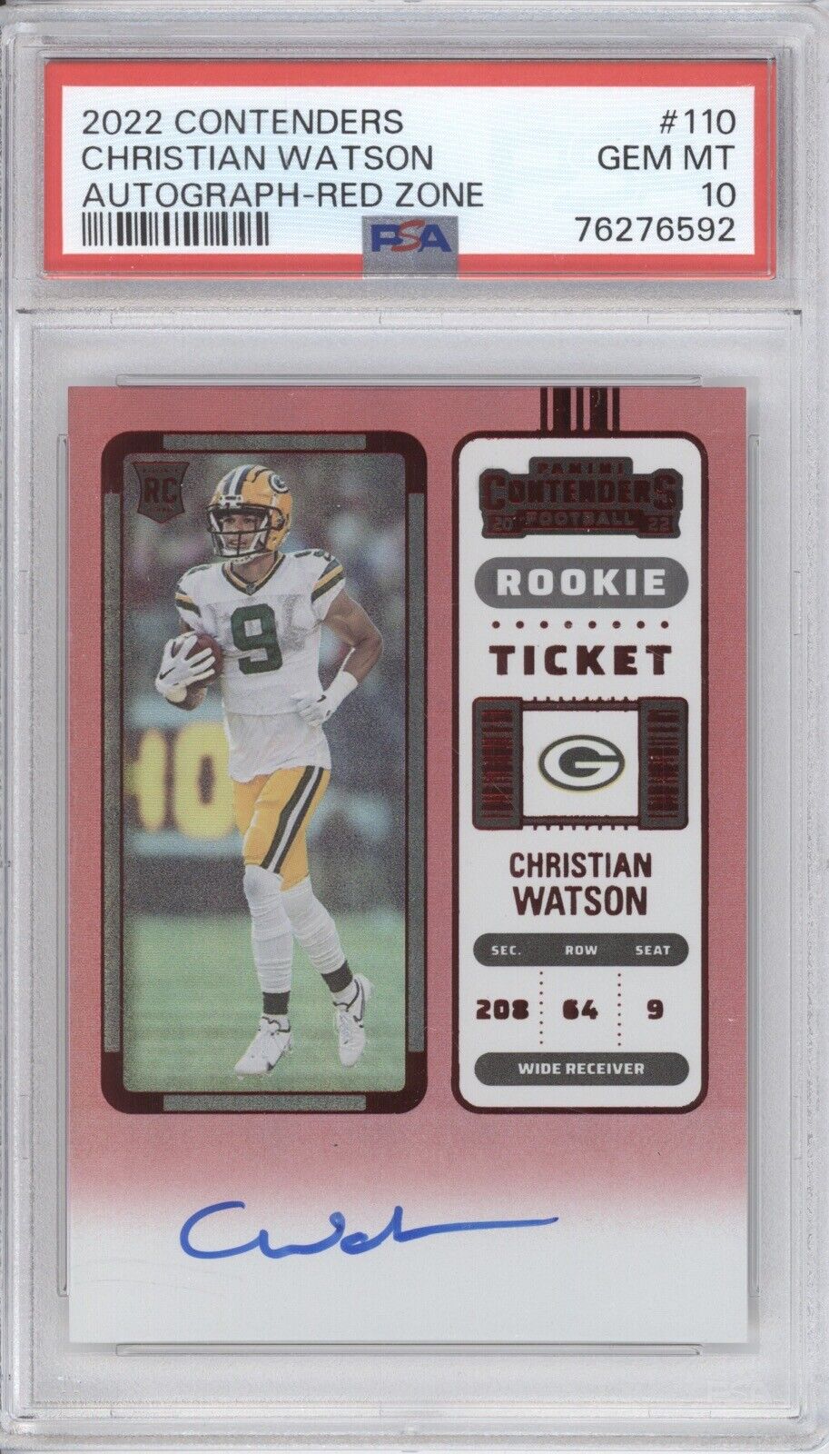 CHRISTIAN WATSON PSA 10 2022 PANINI CONTENDERS ROOKIE TICKET RED ZONE AUTO RC 92