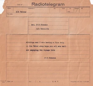 GREAT BRITAIN 1930 SHIP TO SHIP RADIO TELEGRAM M/S TABOUR TO M/S UDDEHOLM - Picture 1 of 1
