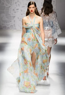 BLUMARINE Blue Watercolor Floral Silk Chiffon Halter Dress Gown 44 8 - Image 1 of 4