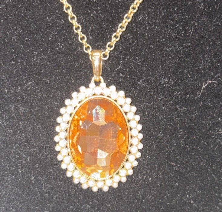 Large oval Yellow Faux Citrine Pendant / Faux pearl halo gold tone necklace ￼ - Image 1 of 4