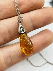 Vintage Silber, Bernstein und Markasiten Anhänger mit 18 1/2 Zoll Kette  - Bild 1 von 7