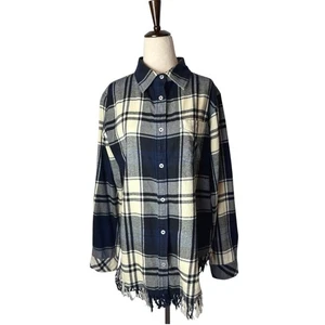 Tizzie Shirt Women Medium Blue Ivory Plaid Cotton Fringe Hem Button Down Preppy - Picture 1 of 10