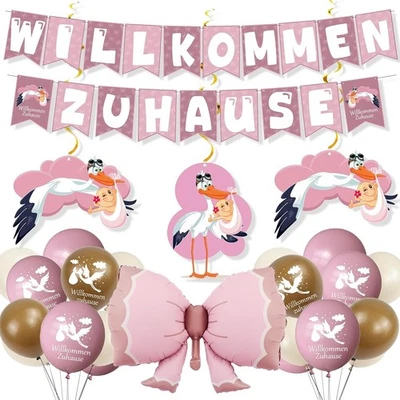 Willkommen Zuhause Welcome Home Baby,Storch Geburt Für Draussen Rosa Herzlich Wi - Bild 1 von 4