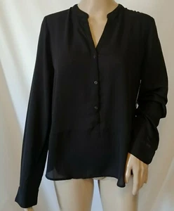 NWT Frenchi Long Sleeve Top Jrs Large Sheer Black Button Front Hi-Lo Hem - Imagen 1 de 7