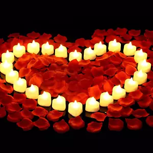 2000 Pieces Artificial Rose Petals with 24 Pieces LED Tea Lights Candles, Romant - Picture 1 of 12