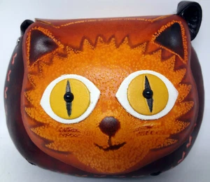 Leather Kitty Cat Eyes Wallet Wristlet Clutch Shoulder Bag Red Brown - Picture 1 of 6