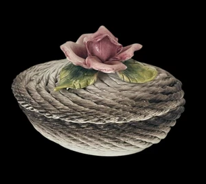 Capodimonte geflochtenes Gitter Porzellan Korb mit Deckel Rosen Design oval 6x4,5" Vintage - Bild 1 von 8