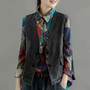Women Distressed Denim Waistcoat Gilet V-neck Vest Jacket Retro Ethnic Cardigan - Picture 1 of 14