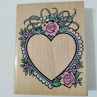 Stampendous Rubber Stamps R067 ROSE LACE BIG HEART FRAME FLOWERS LOVE 1998 Wood - Image 1 of 4