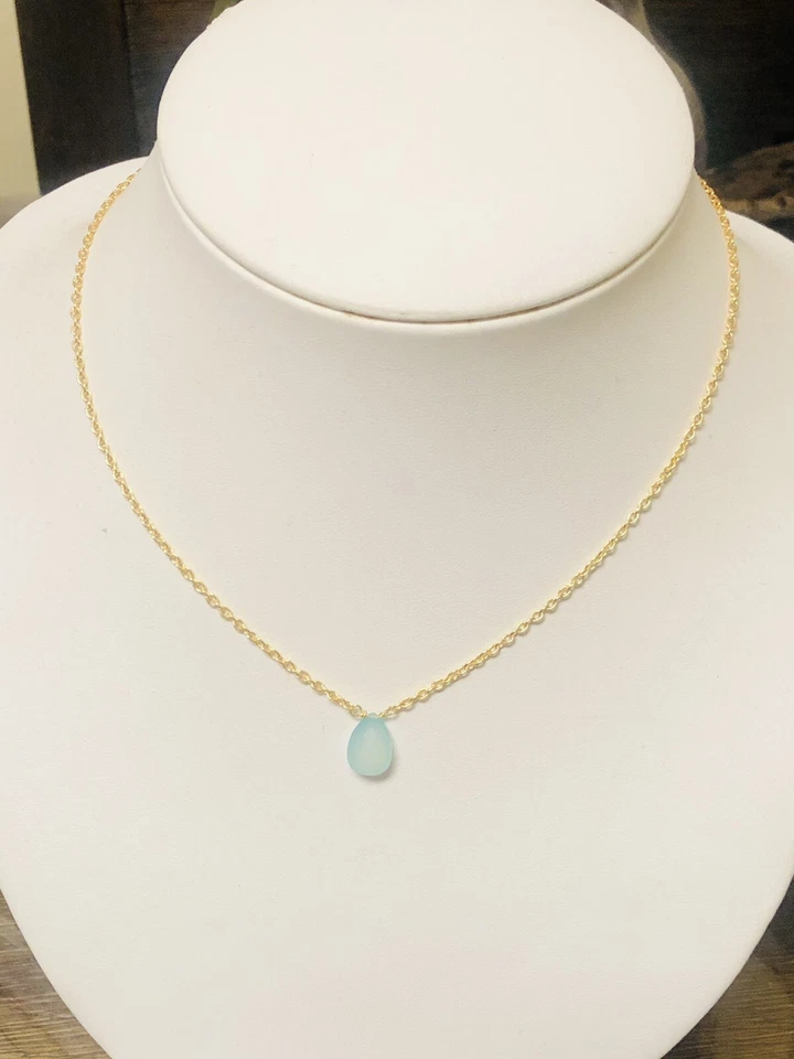 Gargantilha de prata esterlina 18K calcedônia aquática colar lágrima - Imagem 1 de 3