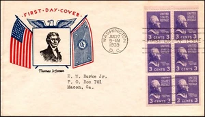 Scott 807a 3 centavos Jefferson Pane Fidelity FDC Typed Address Planty 807a-5 - Imagen 1 de 2