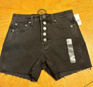 NWT GAP Black Denim Stretch Shorts Button Fly Raw Hem 3” inseam Womens Size 0/25 - Picture 1 of 8