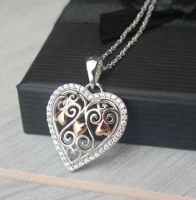 925 Sterling Argento Celtico Filigrana Cristallo Love Cuore Collana Mamma Giorno - Immagine 1 di 3
