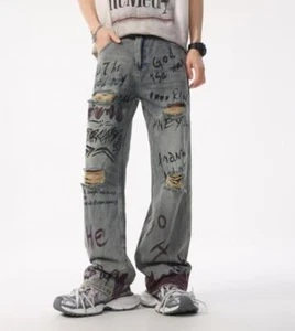 Herren Retro blau Denim Graffiti bedruckt gerissene Löcher gerades Bein Hose Trousers - Bild 1 von 12