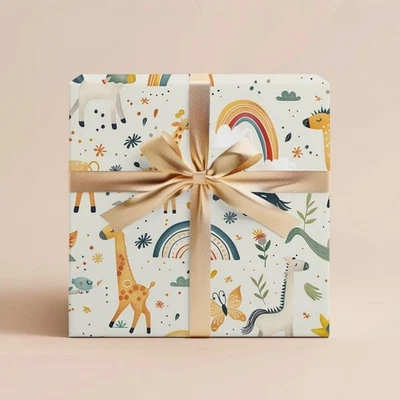 Boho Baby Shower Wrapping Paper, Animal Gift Wrap, Kid Birthday Roll Gift Wrap - Image 1 of 4