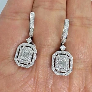 Baguette Cut Simulated Diamond Clip On Drop Earrings In 14k White Gold Plated - Picture 1 of 6