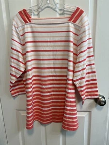 Denim Co XL Top Coral White Stripe Square Neck 3/4 Sleeve Stretch New - Picture 1 of 10