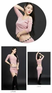 Lady Belly Dance Costume Crop Top+Skirt 2Pcs Off Shoulder Mesh Shirt Tail Skirt - Picture 1 of 14