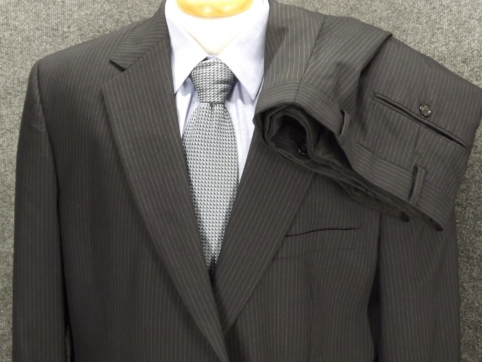Jos. A. Bank Suit 48L Black Chalk Stripe Wool 44x30.5 Pleated Pants 2 Buttn - Image 1 of 4