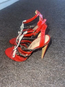 L.A.M.B. Gwen Stefani Red & Cream Strappy High Heel Sandals Womens Sz 6.5 - Picture 1 of 11