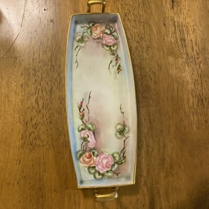 Vintage Rose Floral Design With Gold Trim 2 Handled Serving Tray.   10 x 4 in - Picture 1 of 10