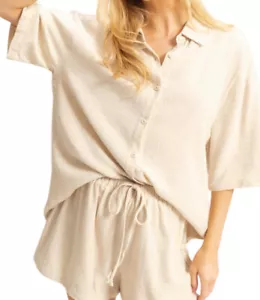 Oatmeal Linen Button Up Short Sleeve Top - Picture 1 of 6